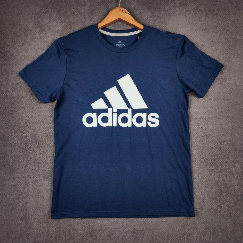 Adidas Badge of Sport Shirt Mens Medium Navy Blue Graphic‎ Logo Performance NEW